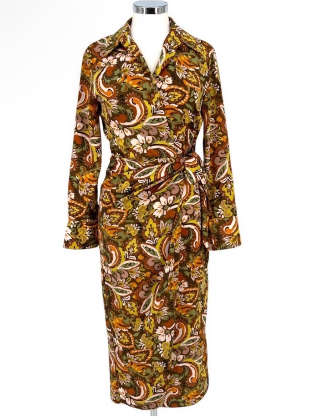 DREW Brown, Olive & Mustard Paisley Wrap Dress